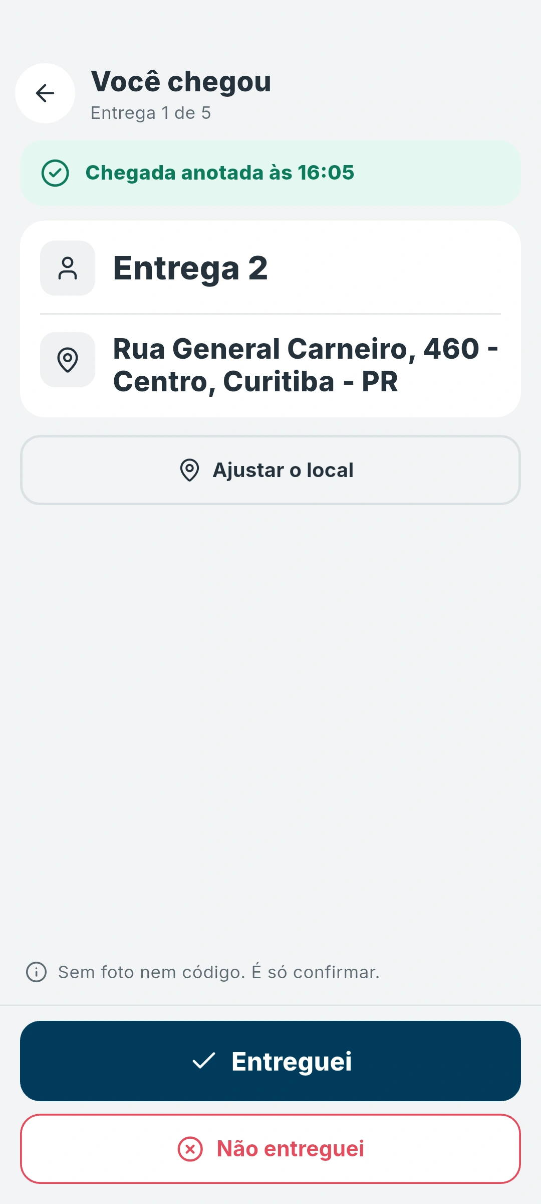 App CoreRouting Lite: chegada na parada, com os botões Entregue e Não entreguei