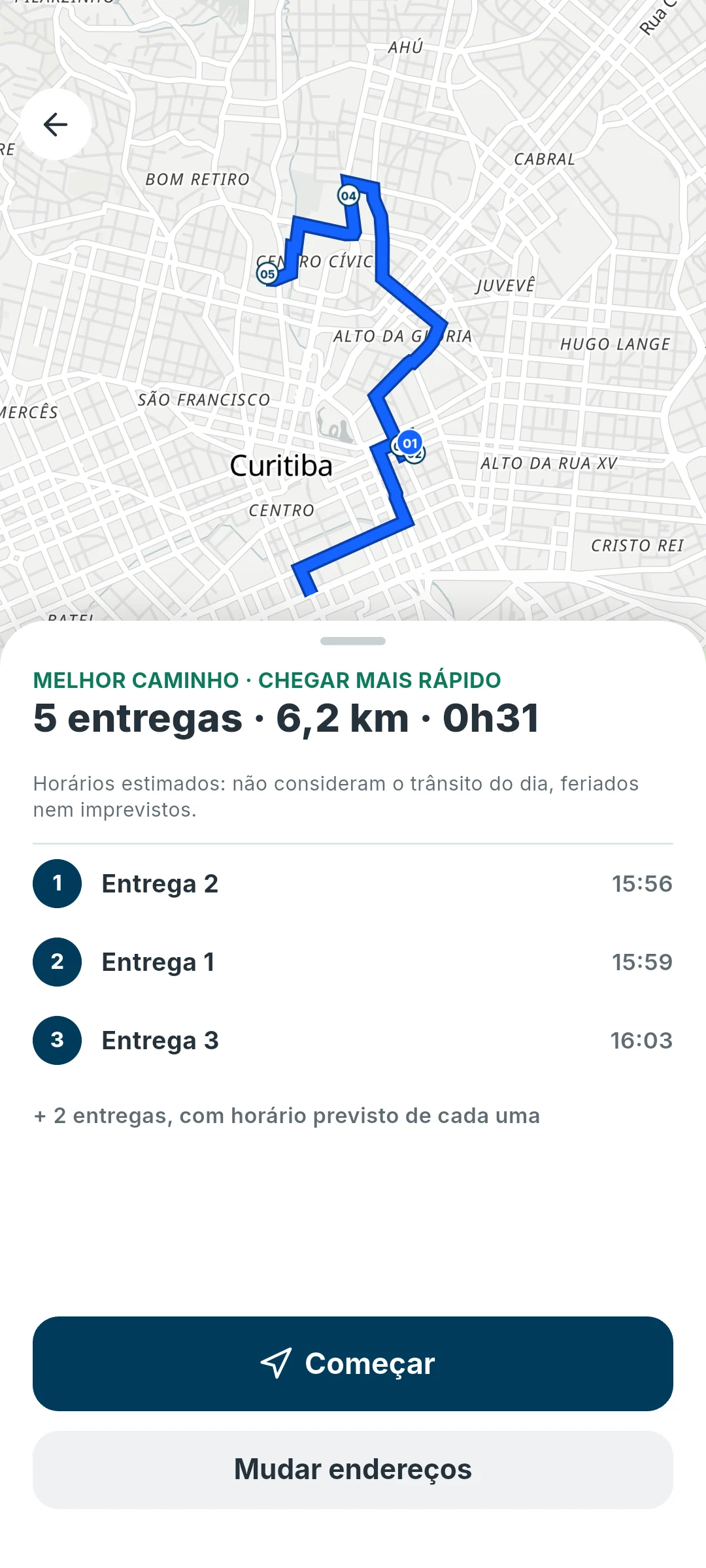 App CoreRouting Lite: a rota do dia no mapa, com a distância, o tempo e o horário estimado de cada entrega, e o botão Começar