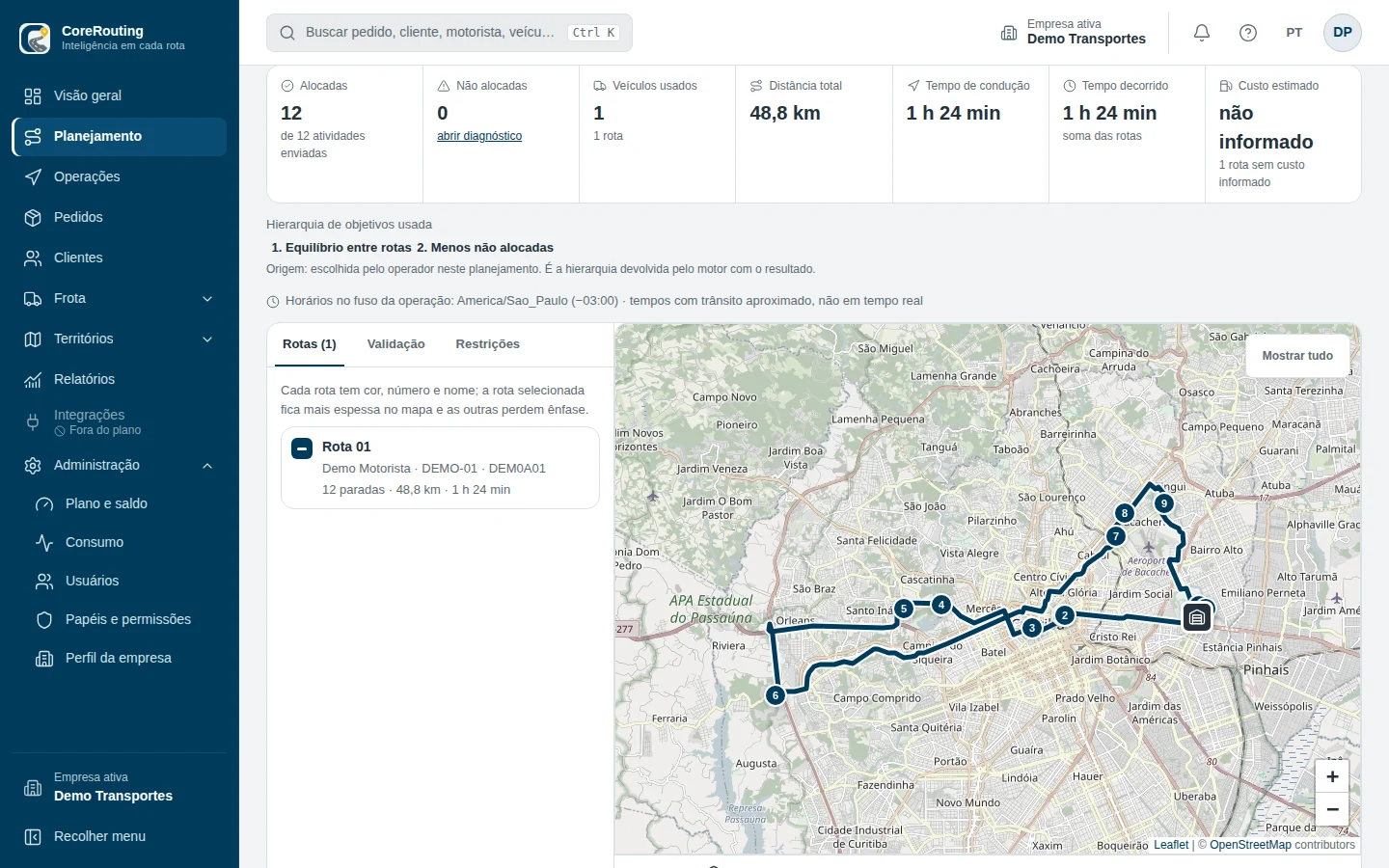 Painel web CoreRouting Pro: resultado do planejamento de rotas com mapa